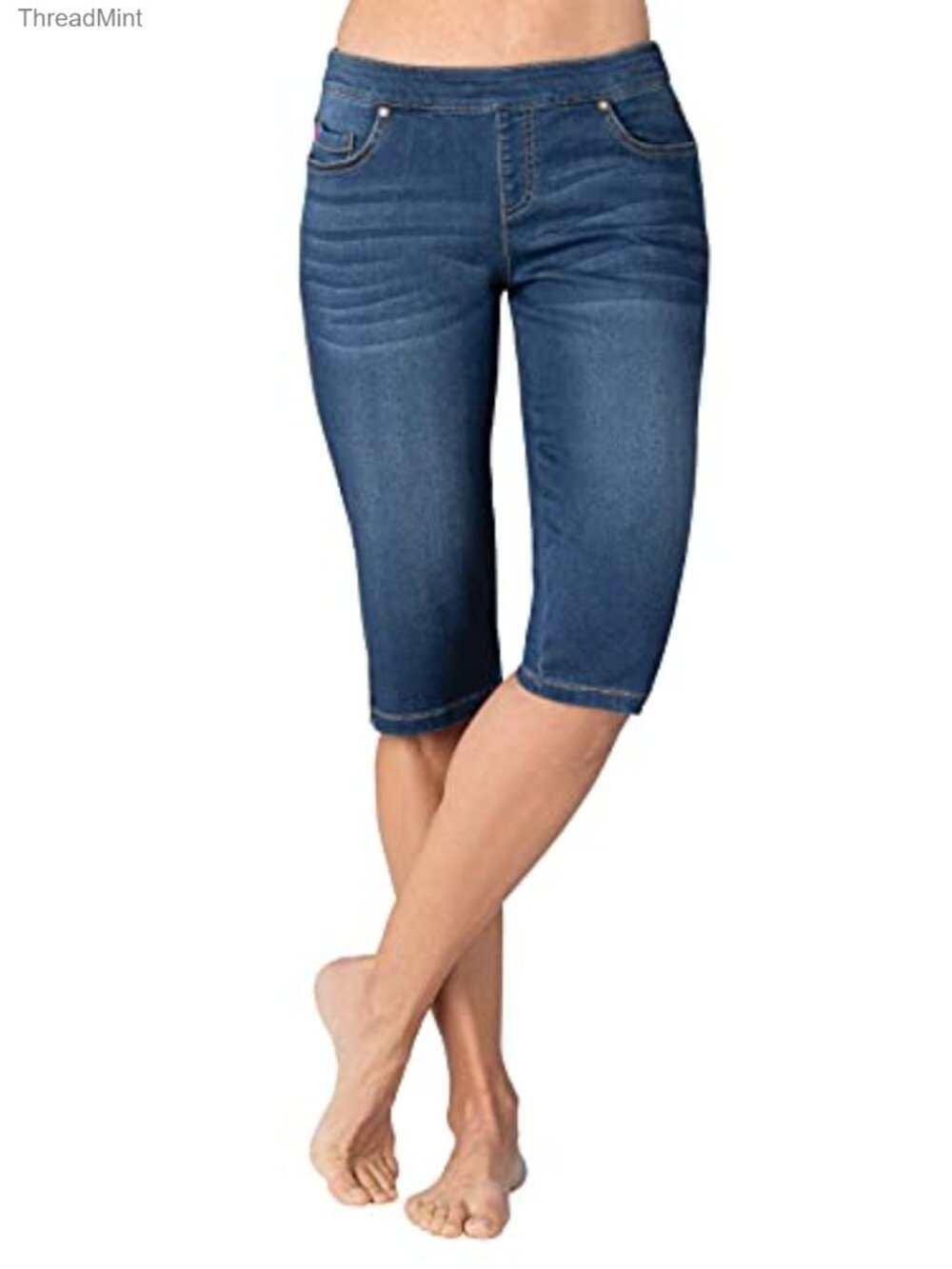 Women's Pull On Denim Bermuda Shorts with Pockets, Mid Rise Stretch